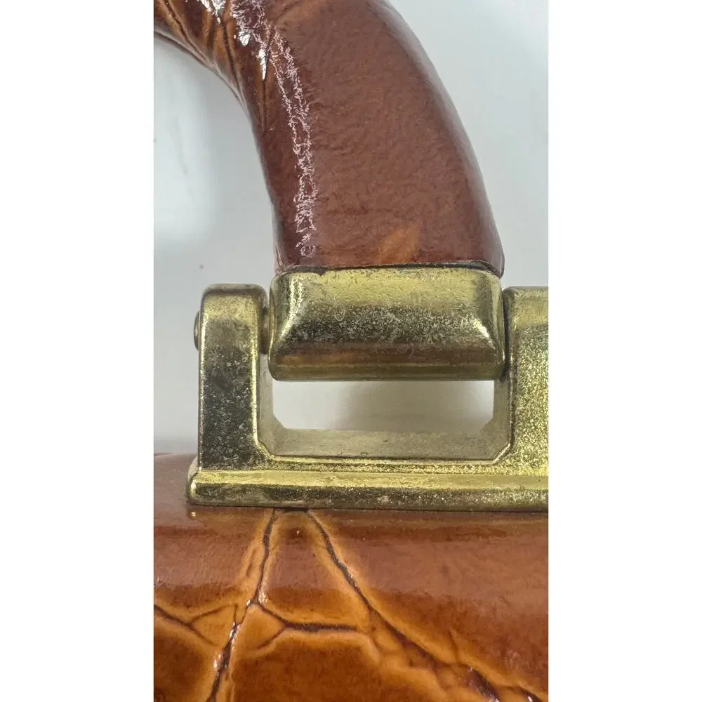 VTG Andrew Geller Handbag Croc Embossed Leather Brown Handbag Brass